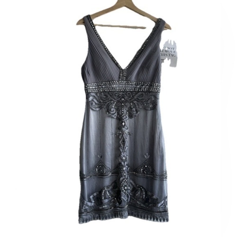 Sue Wong Nocturne Gray Silver Beaded V Neck Dress Sz. 8 NWT!